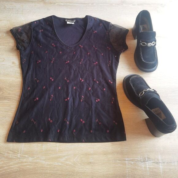 90s Y2K Mesh Embroidery Crop Short Sleeve Tee Baby Tee Vday - Picture 1 of 5